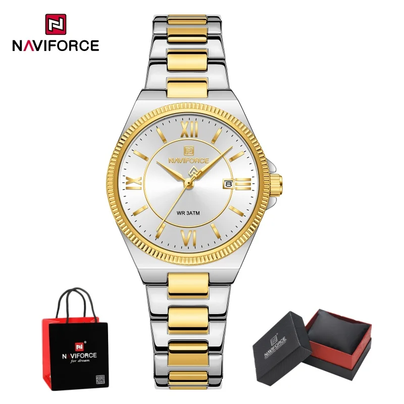 NAVIFORCE Women Quartz Watch Stainless Steel 3ATM Waterproof Casual Business Calendar Date Wristwatch Gifts Box
