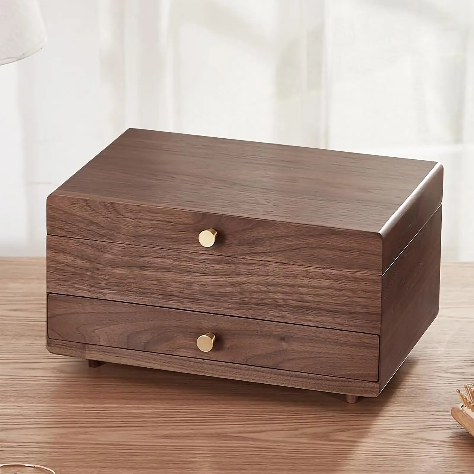 Black Walnut Wooden Jewelry Box for Women, Classical Wooden 2 Layer Jewelry Storage Watch Necklace Ring