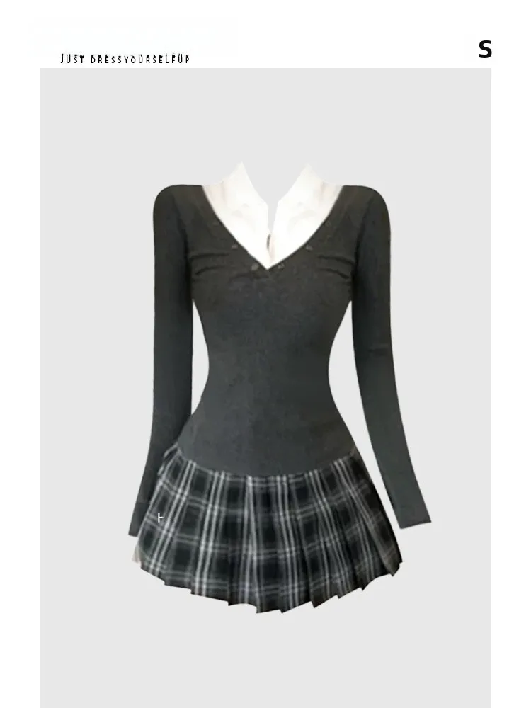 

HEZA plus Size College Style Plaid Skirt And Knitted Top Set Women's Fashion Autumn Winter A-Line Dress Casual Outfit
