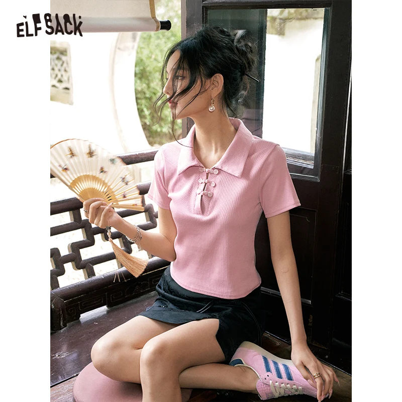 ELFSACK 2024 summer new arrival picnic travel vacation holiday soft comfortable fitted Chinese Polo collar buckle t-shirt knitwe