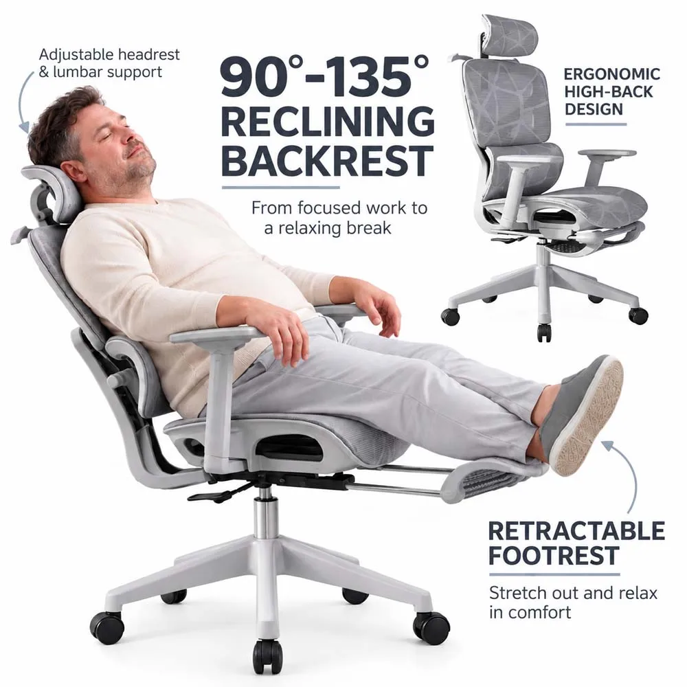 Ergonomischer Bürostuhl mit Fußstütze, Gaming-Stuhl aus Netzstoff mit hoher Rückenlehne, verstellbarer Kopfstütze, Lendenstütze, 90°-135° neigbar, drehbar mit Rollen für Homeoffice, Büro und Gaming
