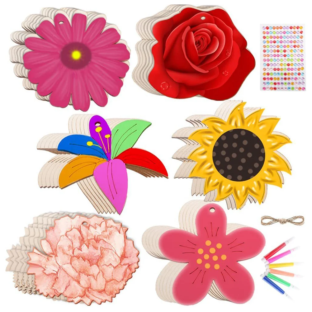 

1 Set Of Diy Wooden Slices Craft Painting Unfinished Flower Shape Wood Chips For Party Decoration Floral Cutouts Ornaments