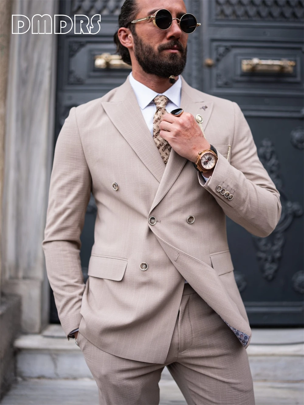 

Double Breasted Pinstripe Beige Suit Set for Men - XS-5XL Plus Jacket Pants Set - Business Formal Party Tuxedo Fashion Suits