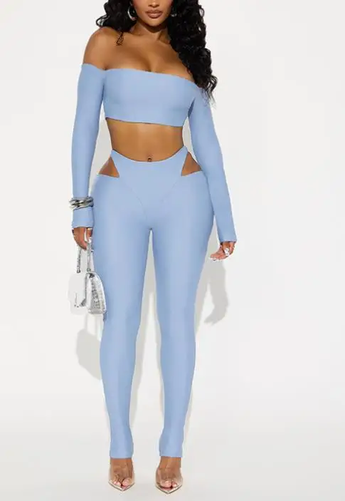 여성용 2025년 가을 신상 싱글 넥 오프숄더 숏탑, 하이웨이스트 홀로우 팬츠 세트, 여성 의류