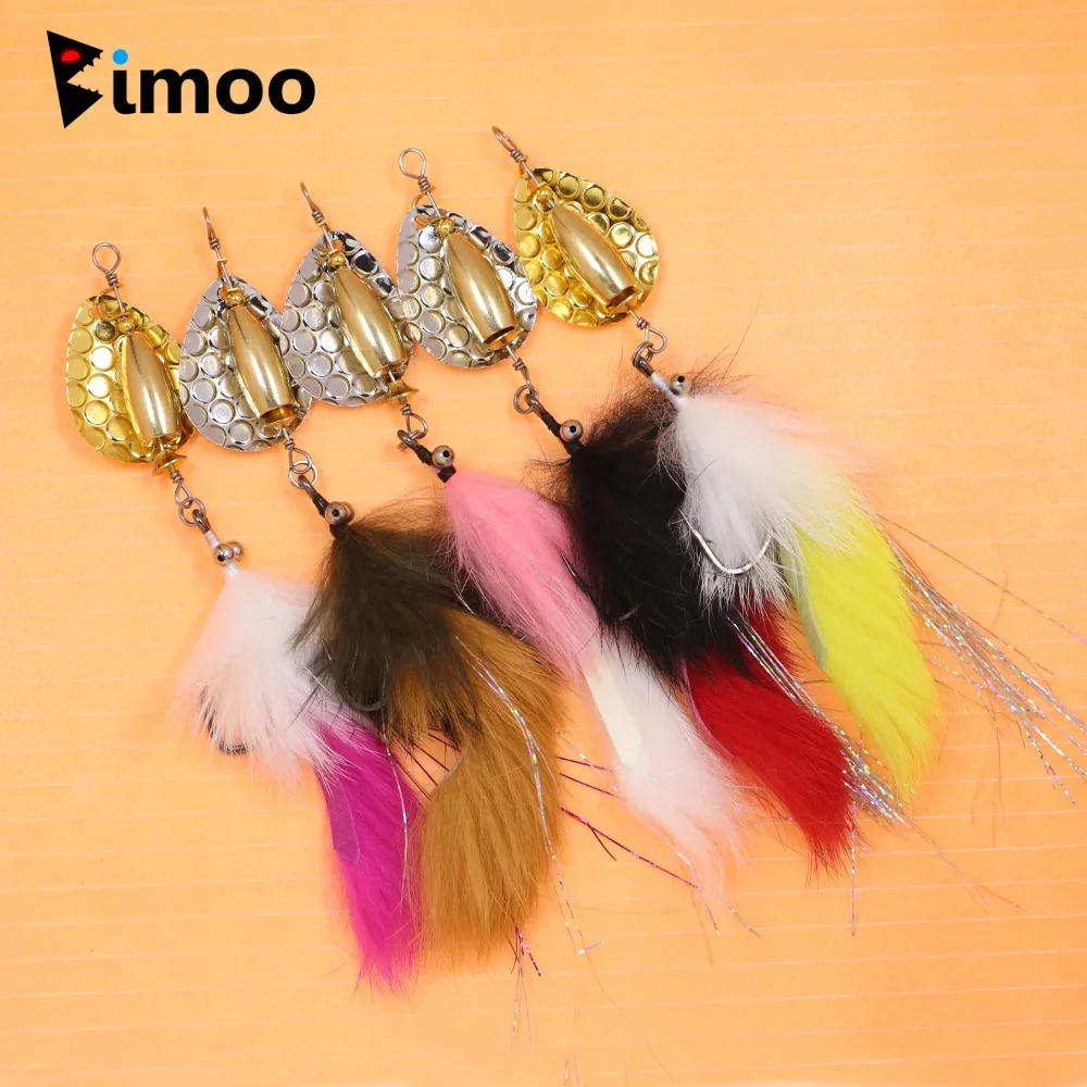 Bimoo 5pcs Hare Zonker Streamer W/Brass Sinker Spoon Lure Bait Set Decoy Bait Sequins Stinger Fishhook Spinner Fishing Lure