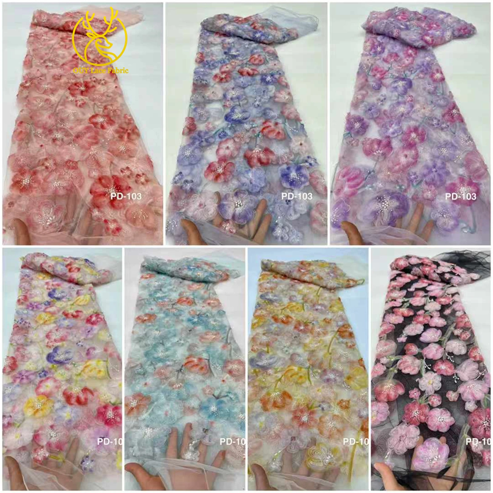 3D Flower Fashion French Mesh Floral Embroidery Lace Fabric African High Quality Beaded Lace Fabric for Women's Wedding Dresses