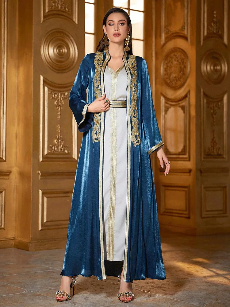 Saudi Arabic Kimono Cardigan and Inner Dress Muslim Matching Set for Women Dubai Luxury Abaya Turkey Kaftan Eid Djellaba Caftan