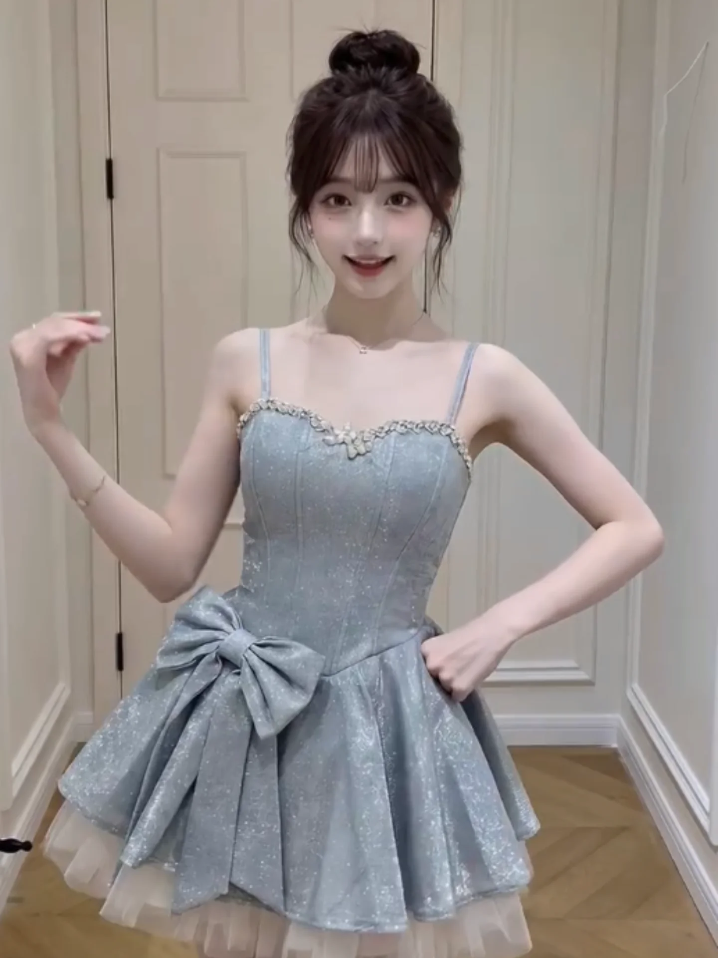 

Sweet Princess Style Strapless Dress Women's Summer Blue Bow Waist Cinched Flared Skirt Ball Gown Soft Polyester Fabric
