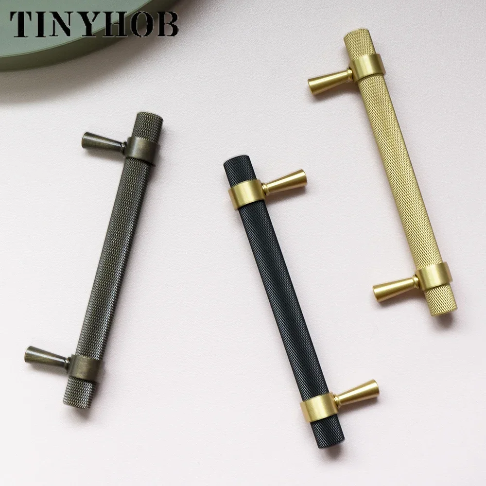 Tinyhob Black Knurled/Textured Kitchen Handles Drawer Pulls Bedroom Knobs Solid Brass T Bar Cabinet Hardware Decorative Knob