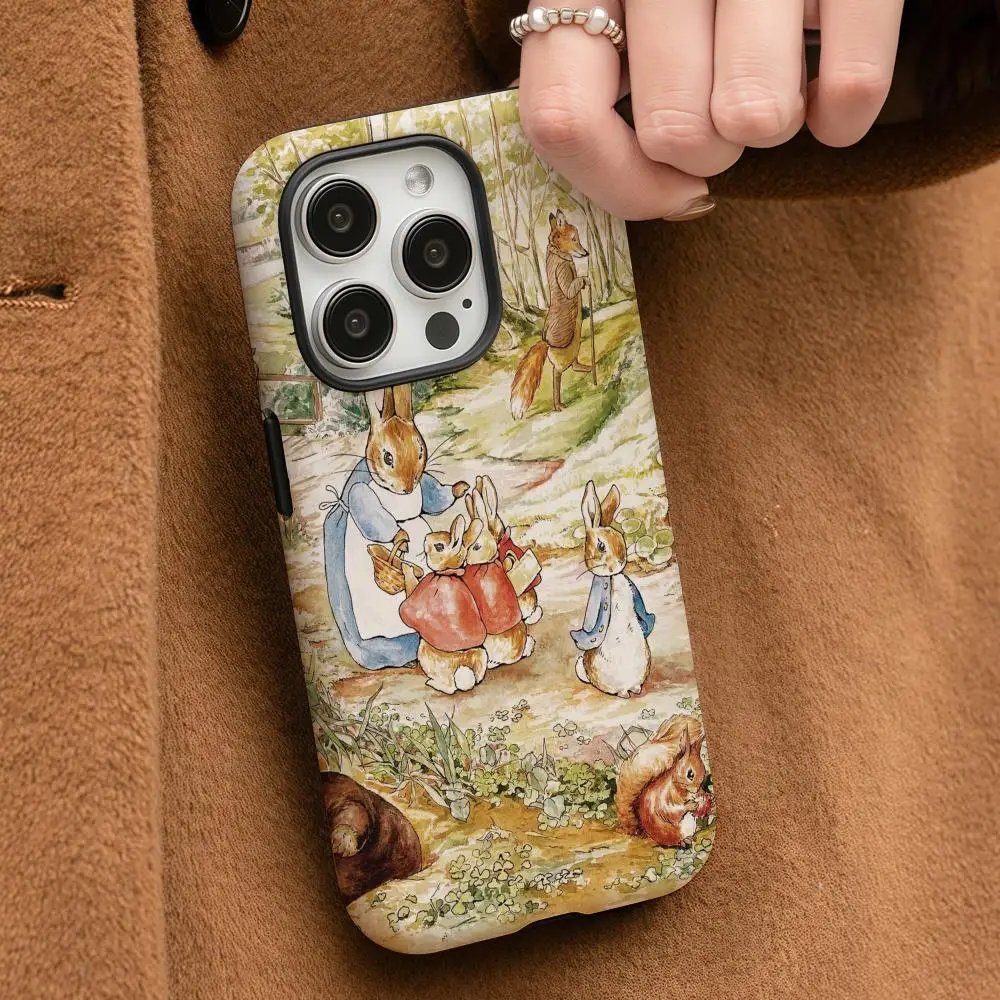 Cartoon Peters Rabbit Phone Case For iPhone 16 15 14 13 12 11 Pro Max Plus Glossy HD Double-Layer Liquid Back Film Hard Shell