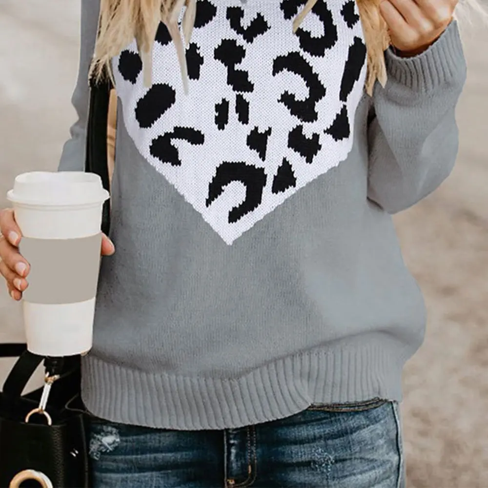 

Women's round Neck Pullover Sweater Leopard Print Fashion Love Design European And American Style Autumn Winter Matchinging