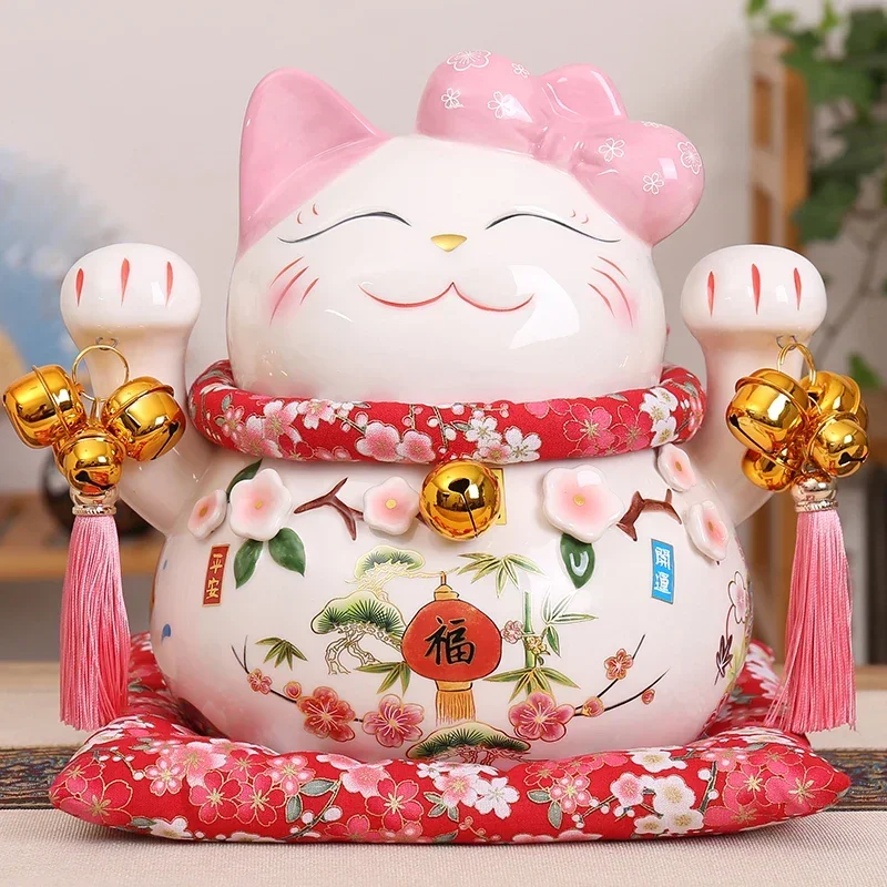 

Мультяшный орнамент Maneki Neko, керамическая фигурка счастливого кота, розовая статуя кота удачи с бантом, домашняя декоративная копилка, копилка