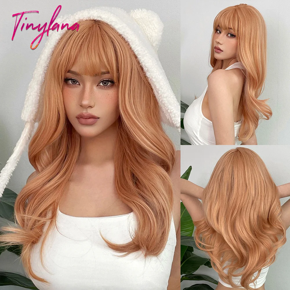 Caldo biondo dorato lungo ondulato parrucche sintetiche con frangia Cosplay per le donne Afro ricci onda partito Halloween capelli calore Reisitant