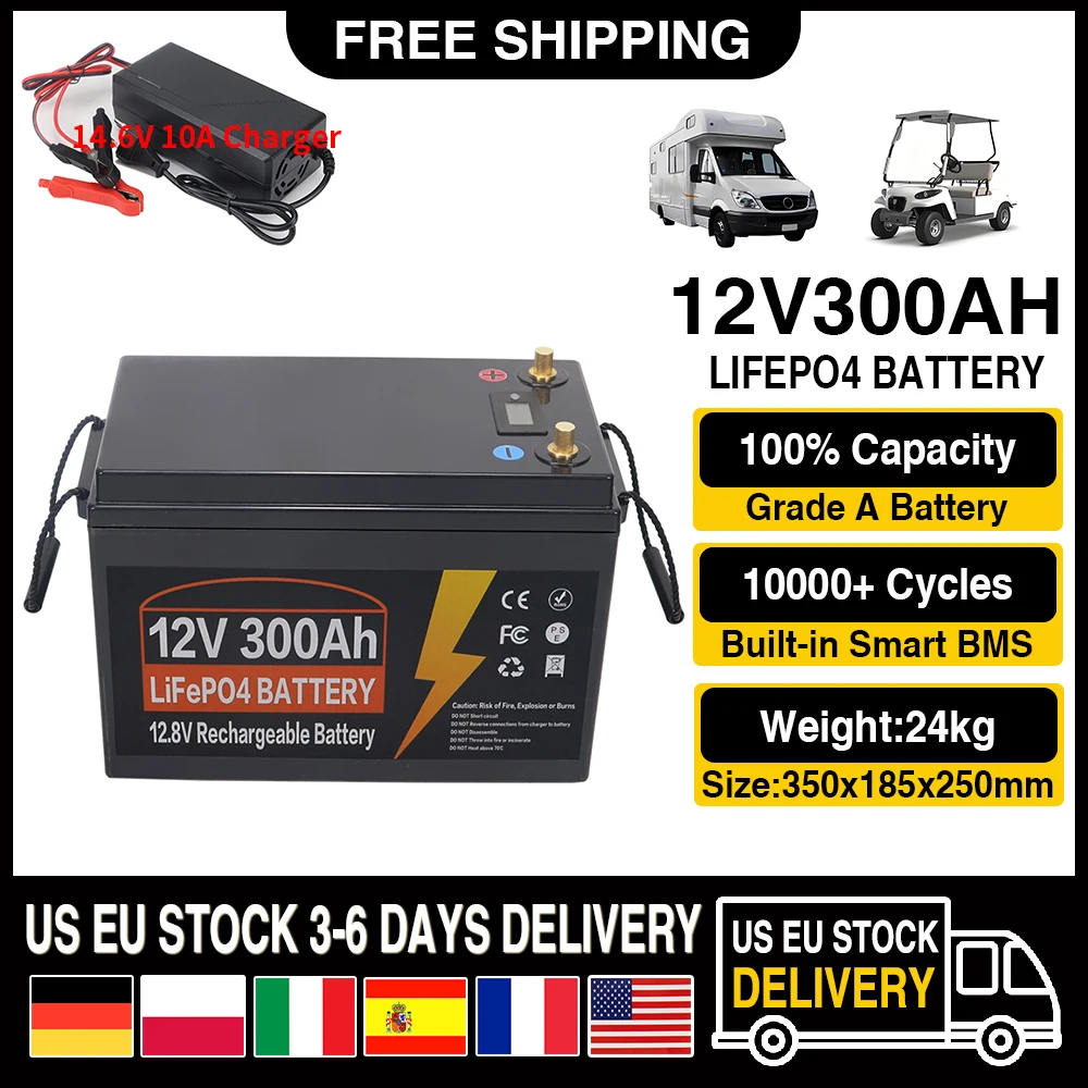 Batteria 12V LiFePO4 350Ah 300Ah 150Ah 120AH 100AH Batteria incorporata al litio ferro fosfato BMS per carrello da golf Spedizione impuestos solari