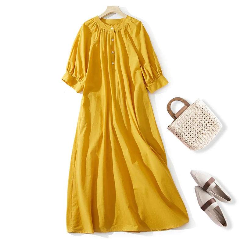 Japanese solid color literary cotton and linen dress women's loose lazy style casual long dress simple A-shaped skirt