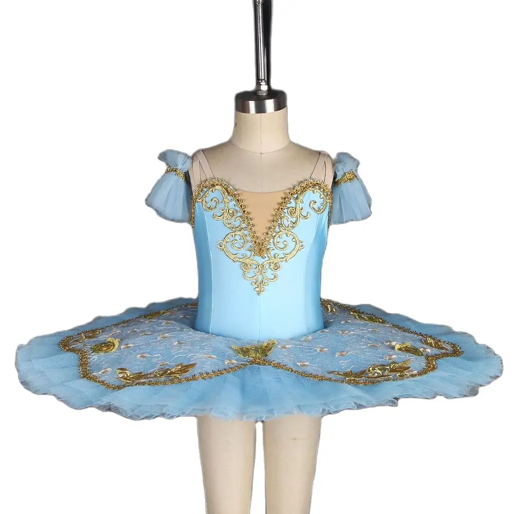 BLL020 Sky Blue Spandex Gold Trim Pre-professional Pancake Ballet Tutu For Ballerina Performance Dance Wear Dance Dress