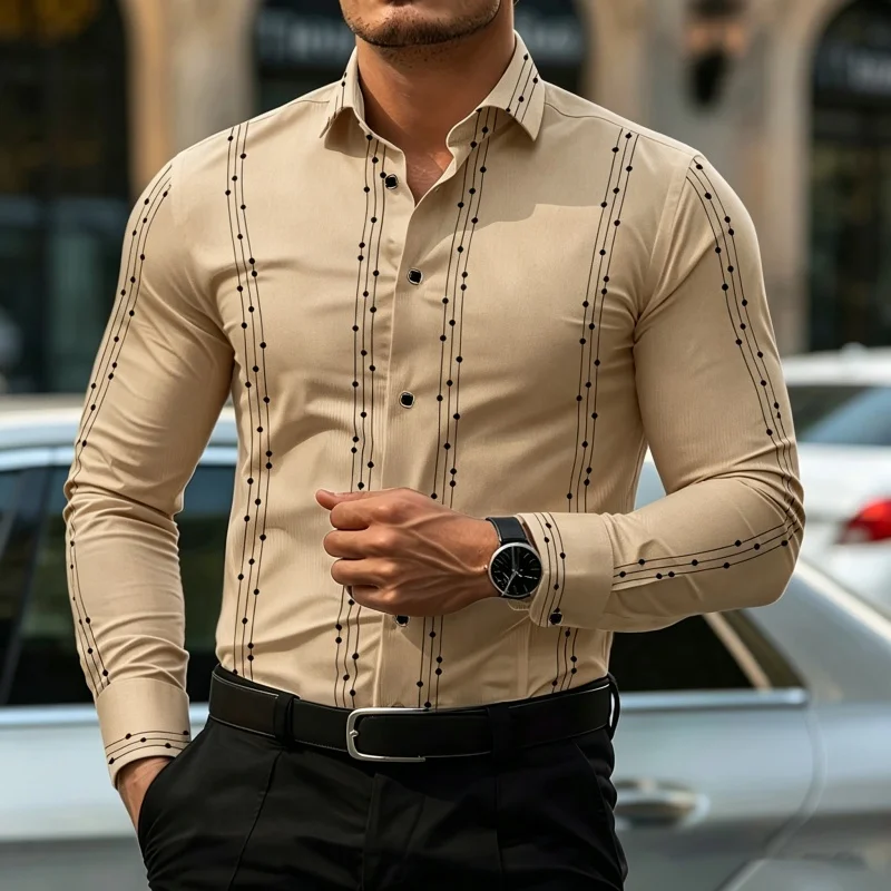 Men's Striped And Polka Dot Print Long-Sleeve Shirt Slim Fit Casual Shirt Ensemble Homme Ropa Hombres Conjuntos