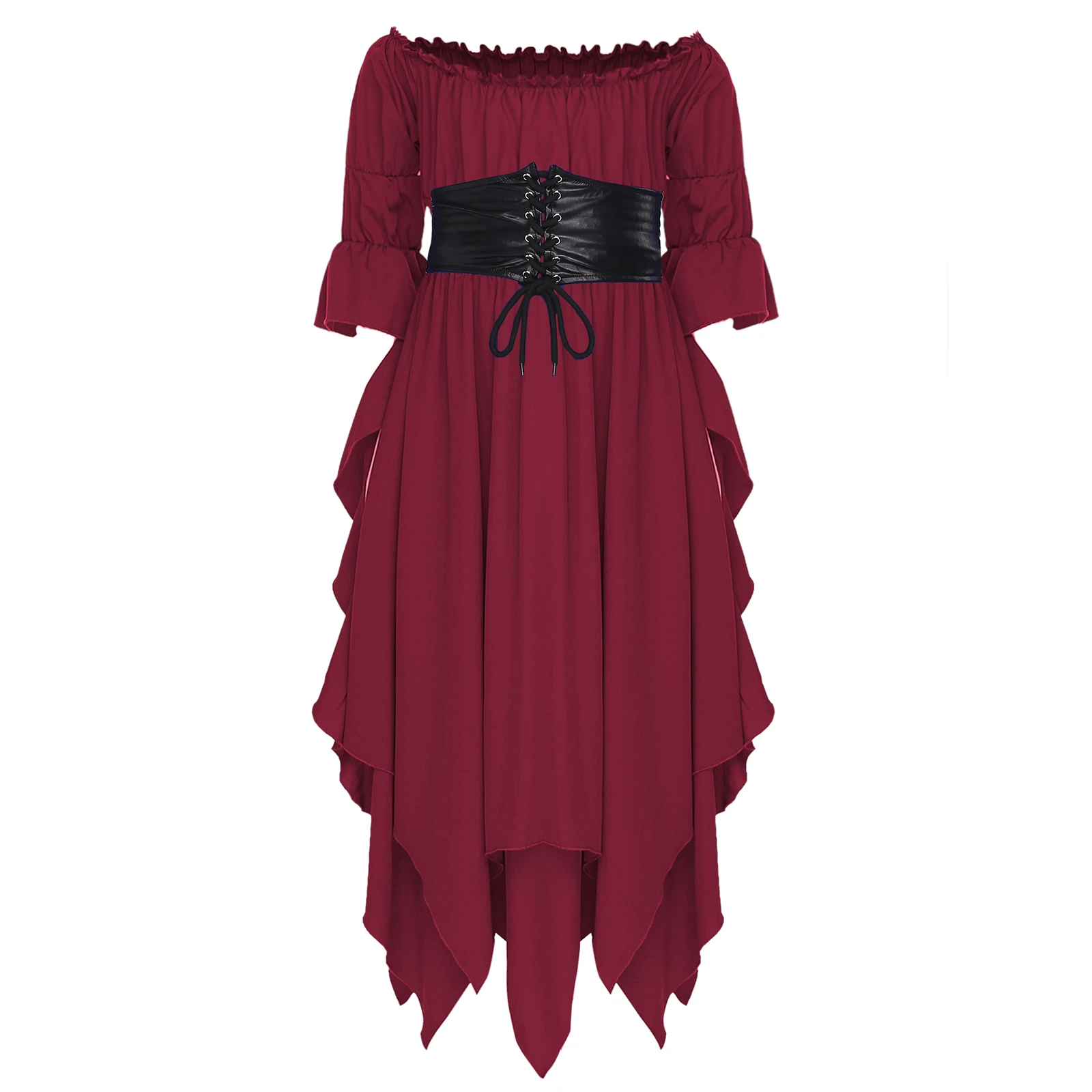 

Girls Renaissance Gothic Costume Medieval Victorian Princess Dress Off Shoulder Irregular Dress with PU Leather Corset