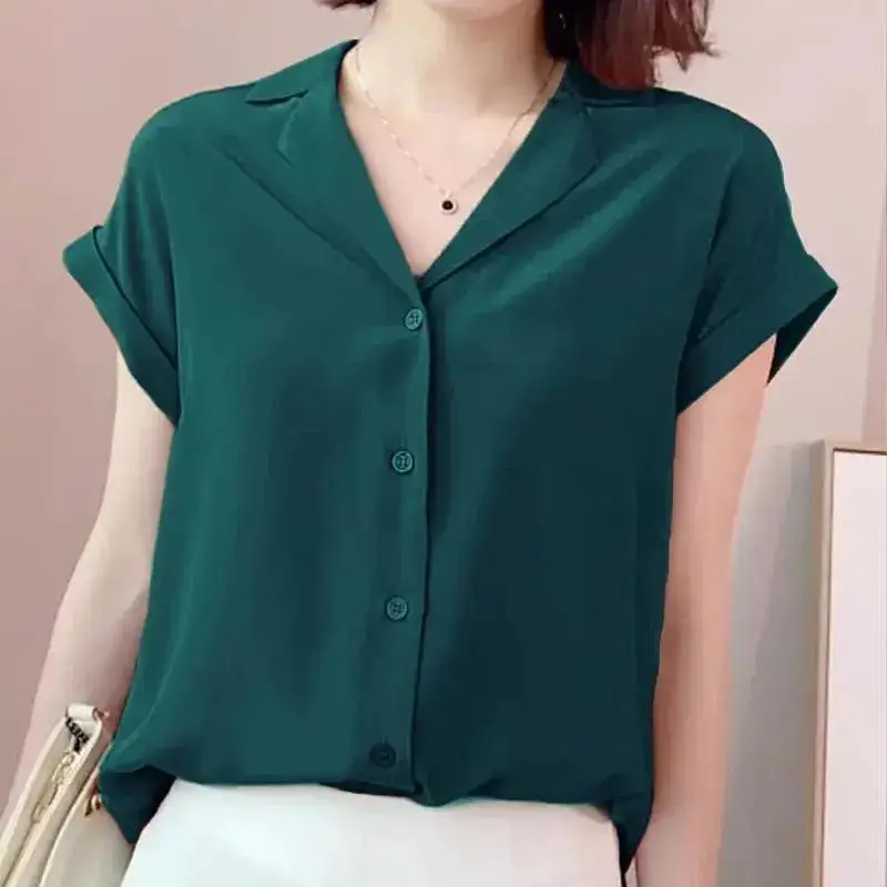 Summer Loose Thin Women\'s Clothing 2023 Solid Color Short Sleeve Button T-Shirts V-neck Office Lady Fashion Tops Temperament