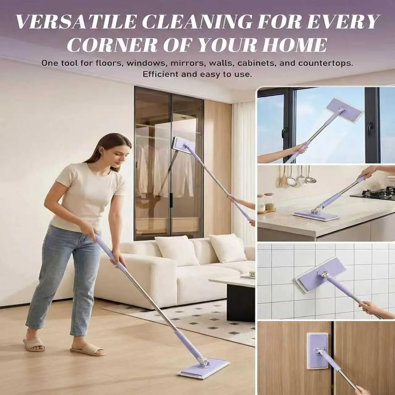 Snap Grip Mini Mop,Convenient Cloth Changing Mini Mop,Retractable Gap Dust Cleaner Flat Mops with Locking Head &Sweeping Cloths,（1mop + 1random Color Rags (Purple)