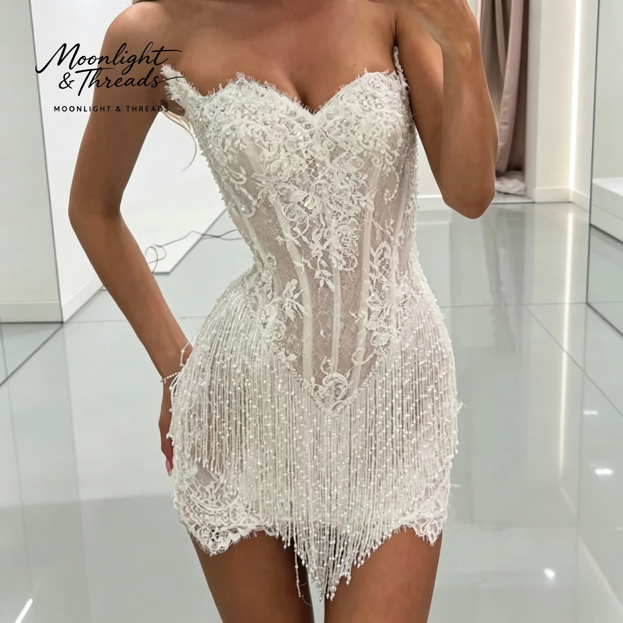 Customized White Exquisite Lace Tassels Mini Wedding Dress Sweetheart Neck Vestidos De Noche Sheath After Party Gown