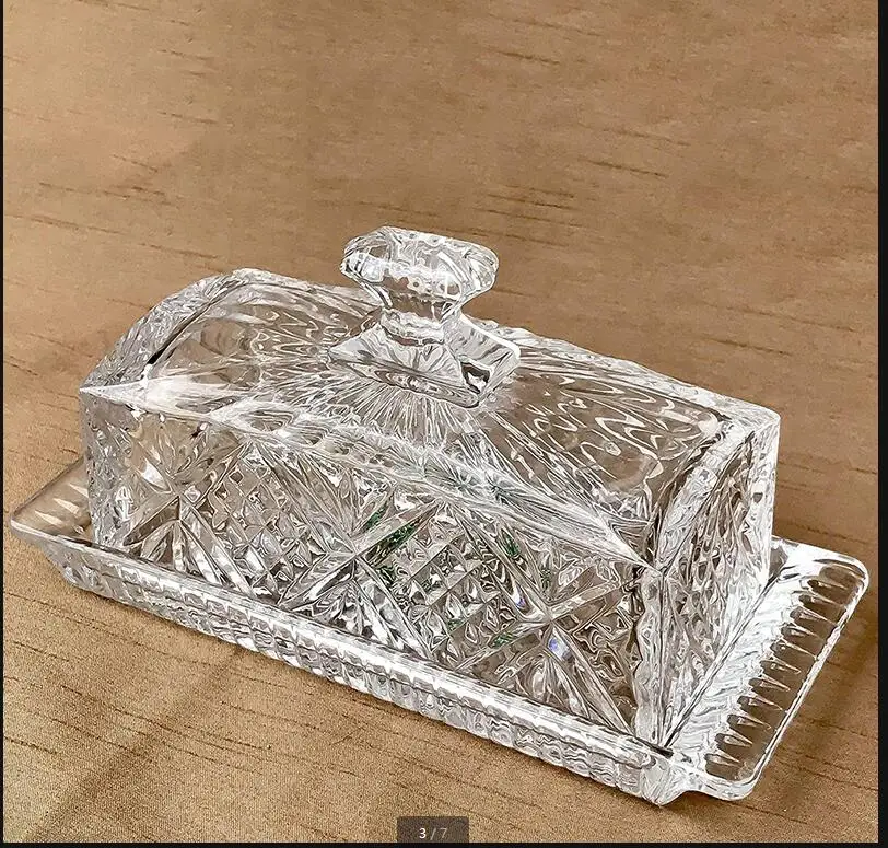 Crystal Glass Butter Pan Rectangular Dish with Cover Butters Box Crisper Bowl Dim Sum Cake Dessert Plate