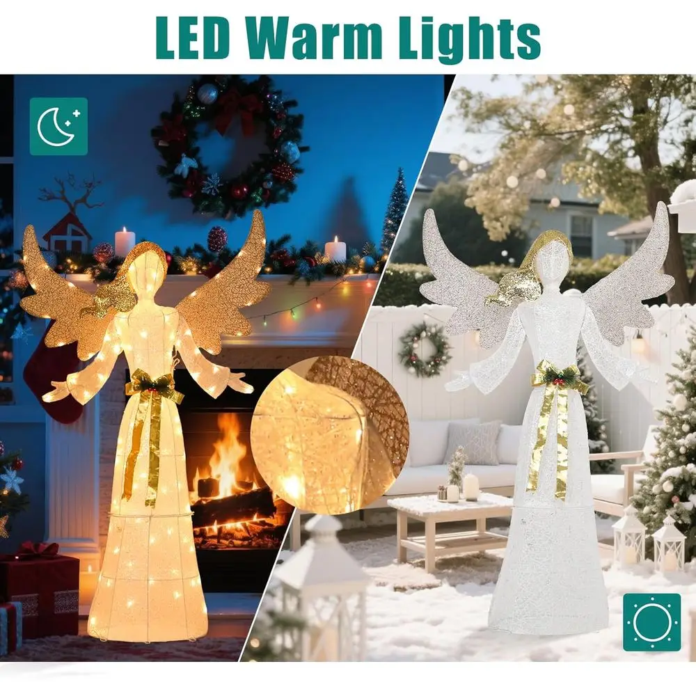 زينة عيد الميلاد الملاك اللامعة ثلاثية الأبعاد المضاءة مسبقًا، بطول 5 أقدام مع فيونكة وأجنحة قابلة للطي للاستخدام الخارجي أو الداخلي #4