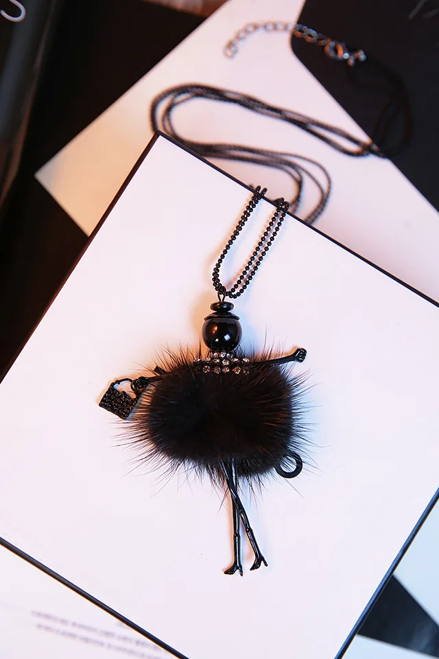 2026 Hot Fashion Doll Girl Dancing Charms Necklace Soft Mink Fur Black Long Beads Chain Womens Birthday Party Jewelry