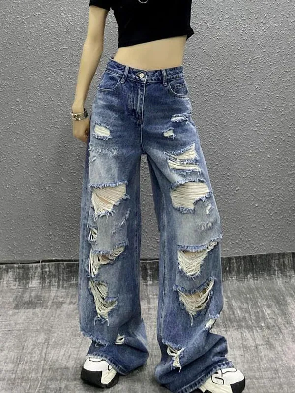 

High Waist Straight Leg Denim Jeans Women's New Tie Dye Design Loose Wide Leg Pants Long Trousers High Street Sle Blue