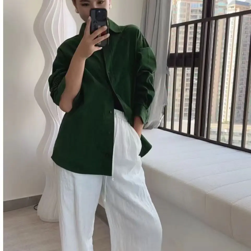 Women's R0* Green Corduroy Long-sleeved Shirt 24ss Fall and Winter New Retro Drop-shoulder Silhouette Shirt