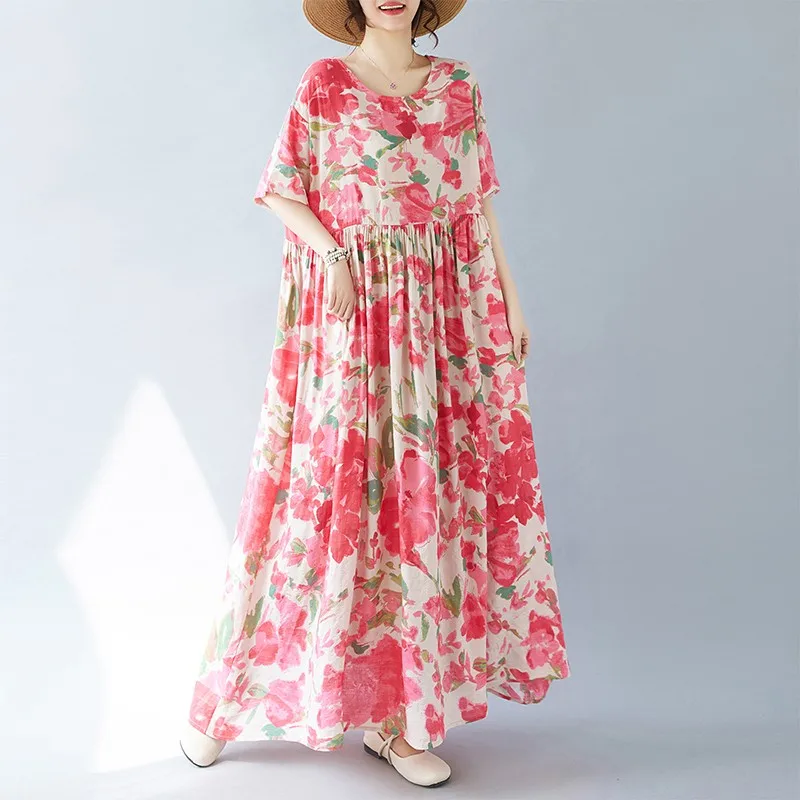 

2024 Summer New Arts Style Women Batwing Sleeve Loose Long Dresses Vintage Flower Printing Cotton Linen O-neck Dress P647