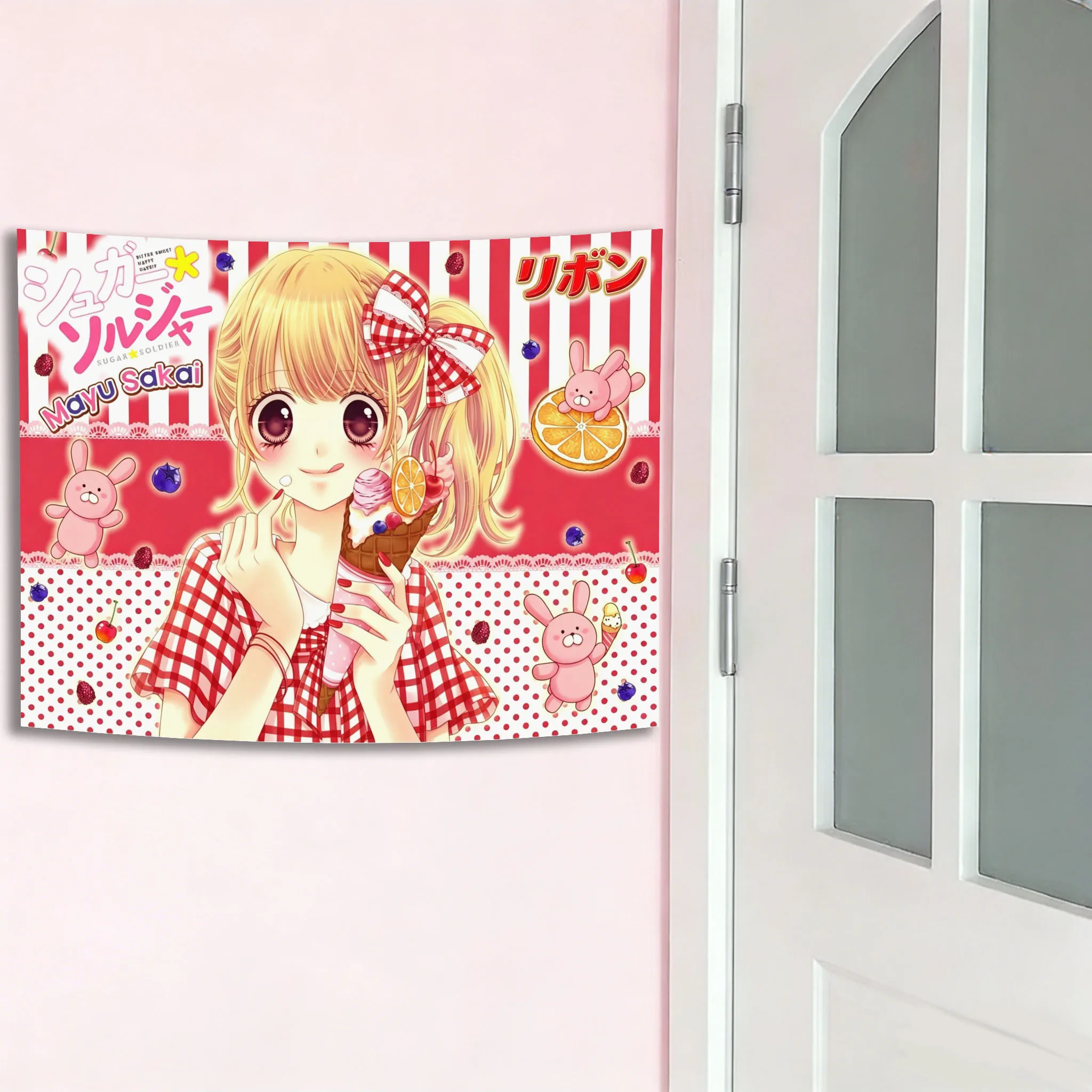 VIKAMA Kawaii Sugar S-Soldier Anime Girls Tapestry Pastel Striped Background Wall Hanging for Girls Bedroom Decor Moe Girl Decor