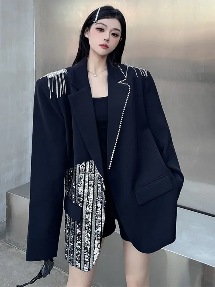 XITAO Fashion Solid Color Casual Single Button Coat Loose Fit Full Sleeve Sequined Black Series Jesienna marynarka damska ZYY1048