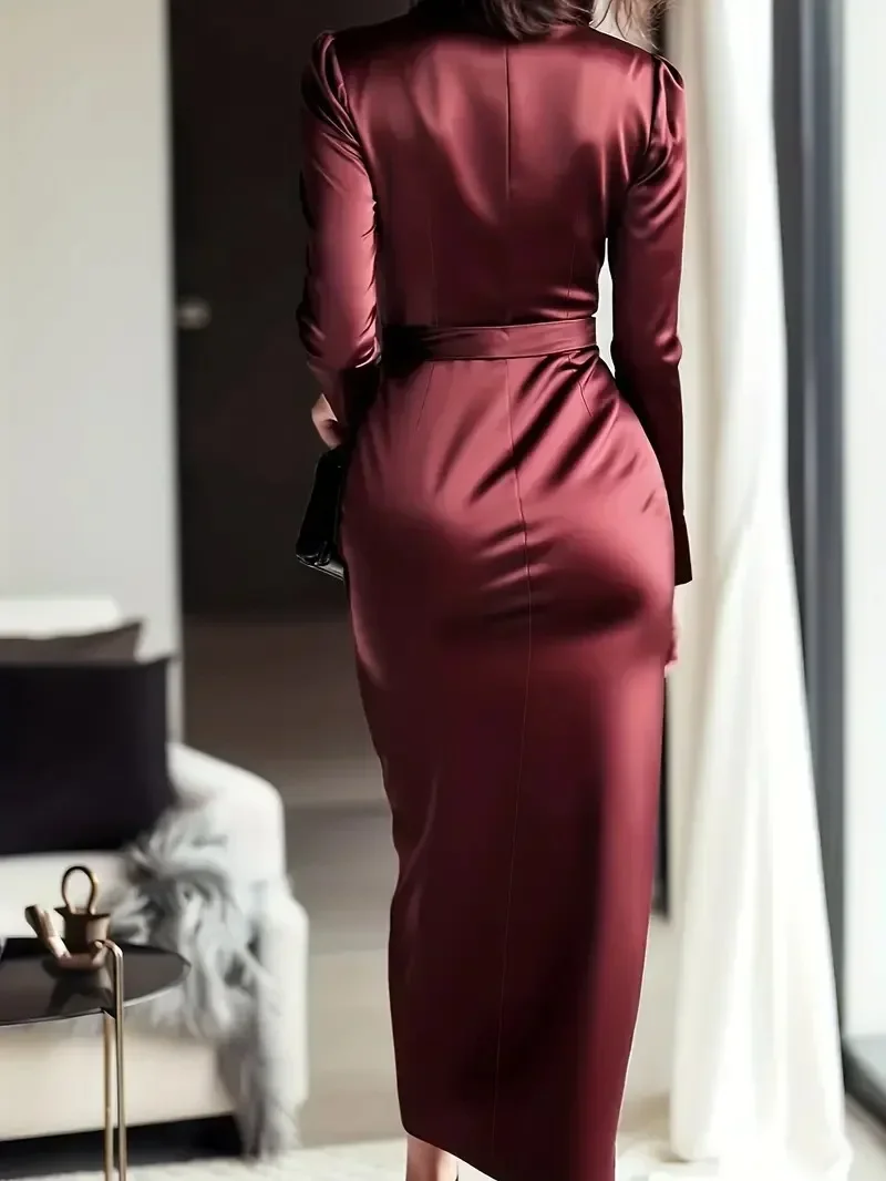 Damen-Wickelkleid mit V-Ausschnitt, Taillenband und langen Ärmeln für formelle Anlässe und Partys – Detail 7