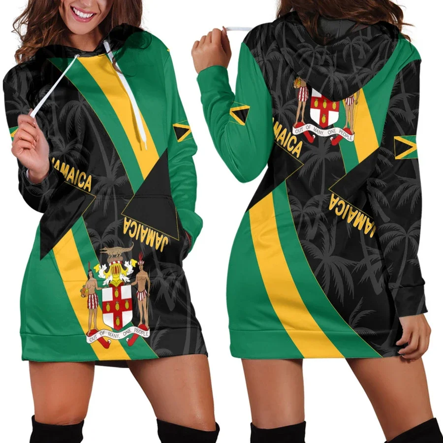 JAMAICA Emblem Country Flag New Harajuku Novelty 3D Print Autumn Hoodie Dress Women Casual Wear Long Sleeve Hooded Dress