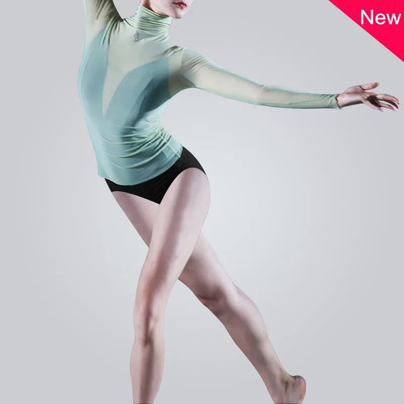 

Сетчатое платье из сетчатой пряжи с высоким воротником и длинными рукавами, танцевальное платье, классические танцевальные балетные топы, китайская одежда для народных танцев, сценическая одежда