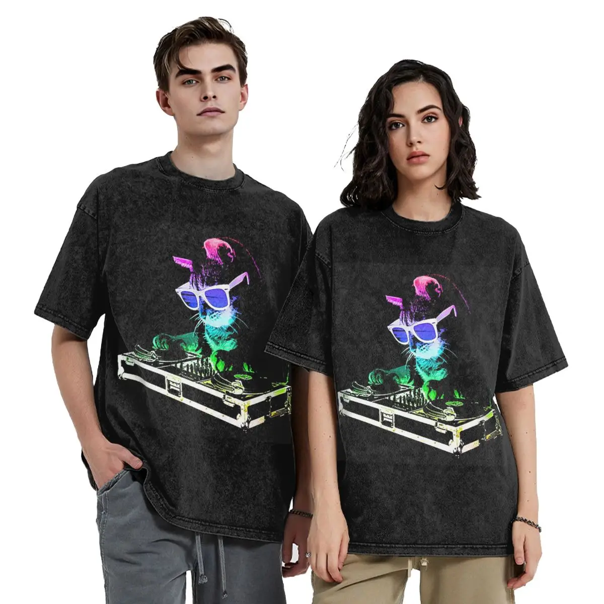 

House Cat Rainbow Dj Kitty Hip Hop Short Sleeve T-Shirts Washed Tops Tees Streetwear T Shirt Printed for Men Women