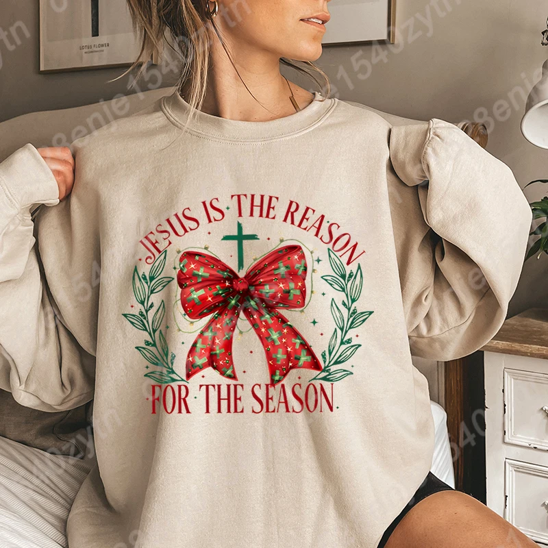 

Christmas Bow Jesus Is The Reason For The Season Hoodless Sweatshirts Women Long-sleeved Winter Autumn Pullovers Pure Color Tops