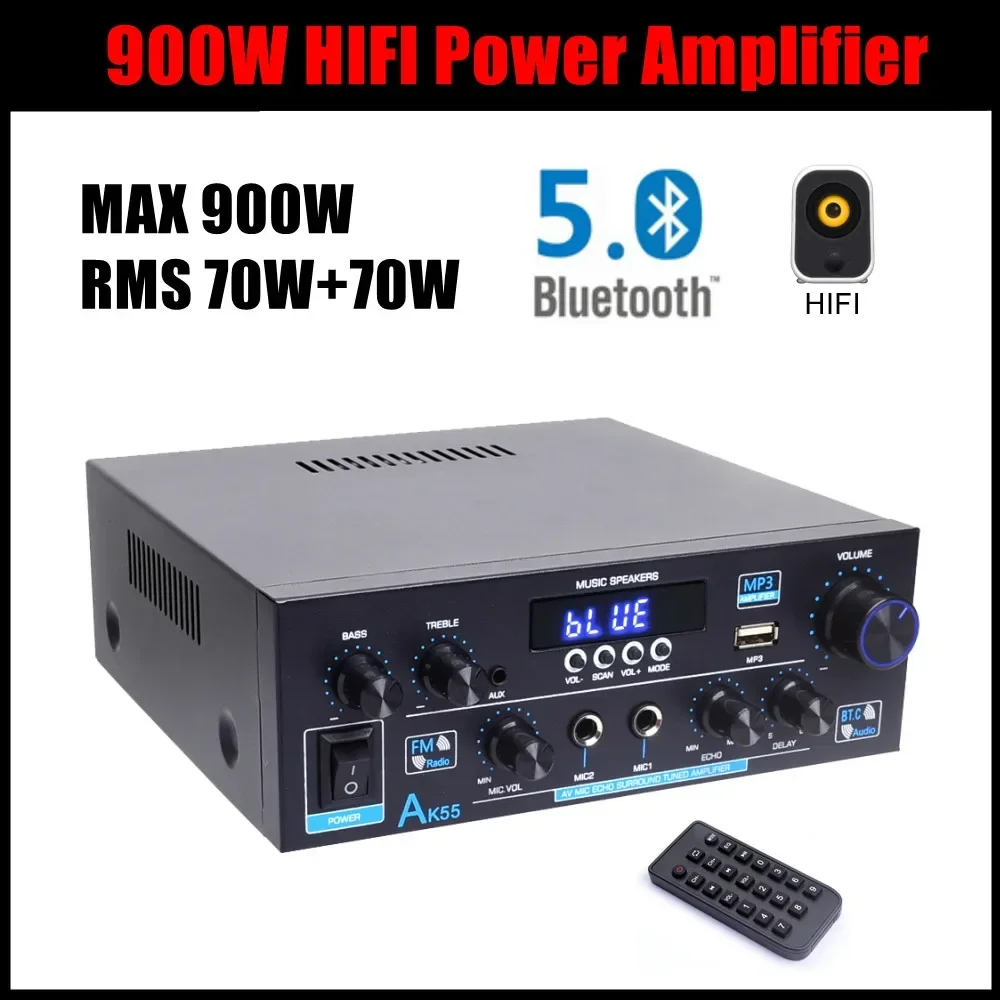 

AK55 900W Home Power Amplifier 2.0 Channel Bluetooth 5.0 Hifi Digital Stereo Sound Amplifier 2.0 450W+450W Subwoofer