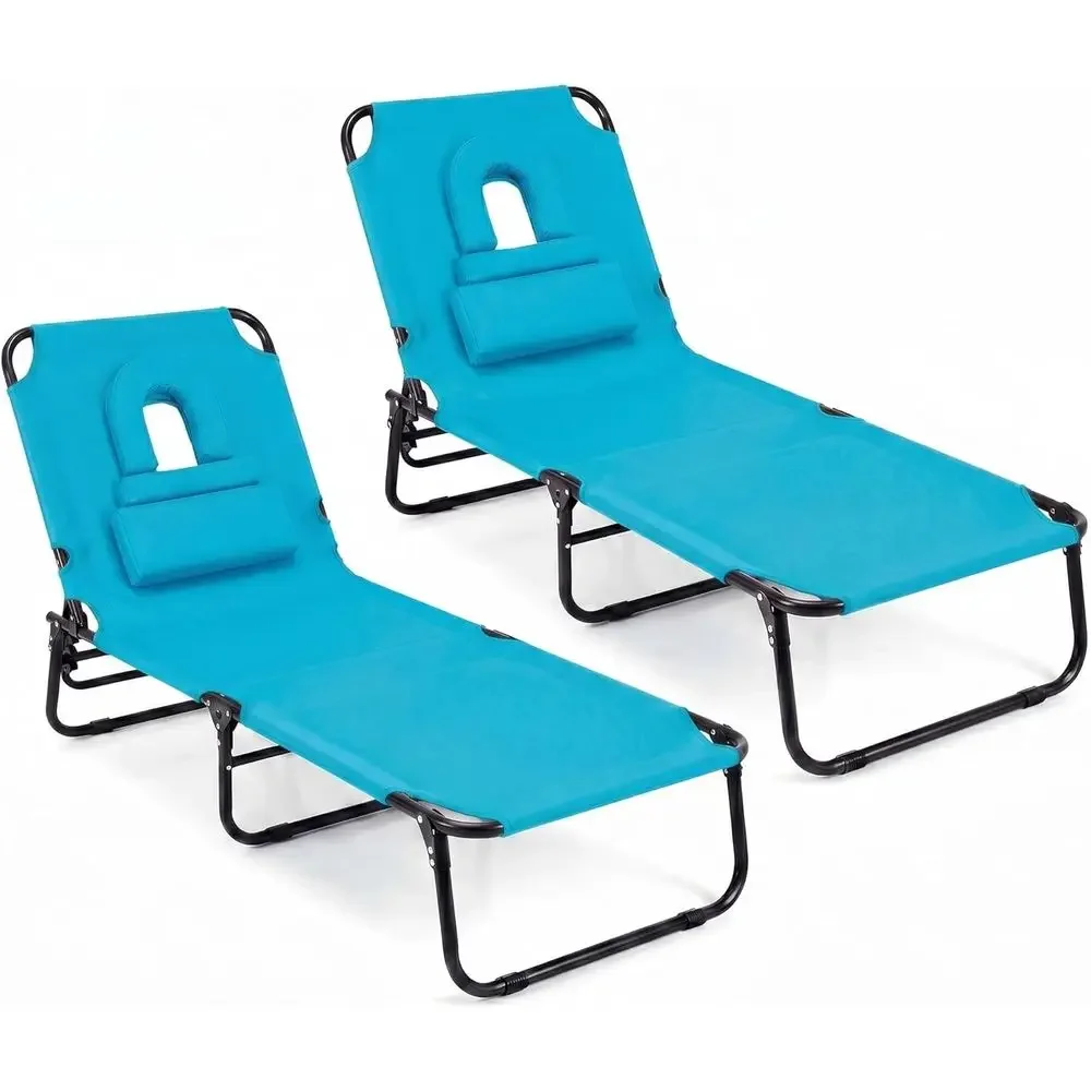 Adjustable Position Beach Lounge Chair with Hole, Removable Pillow, Carry Strap, Suitable for Outdoor, Pool, and Patio Use