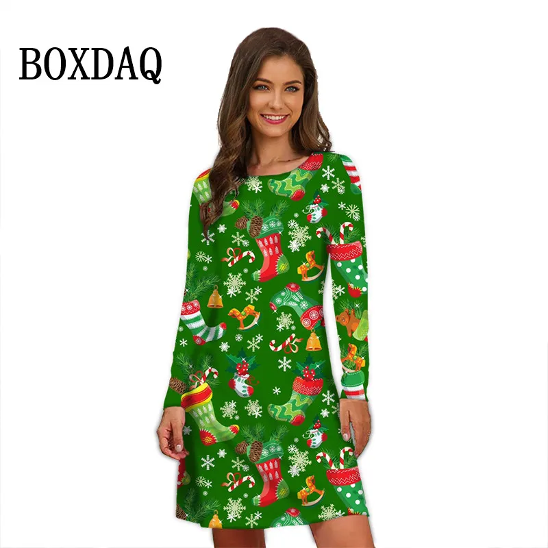 Winter Christmas Party Women Dresses For 2024 Autumn Casual Christmas Crutch Pattern Print Oversized Woman Snowflake Mini Dress