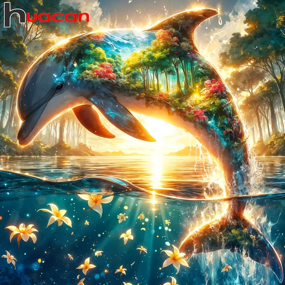 Huacan 5D DIY Diamantmalerei Delfin bei Sonnenuntergang Diamantstickerei Tier Landschaft Strassbild Heimdekoration
