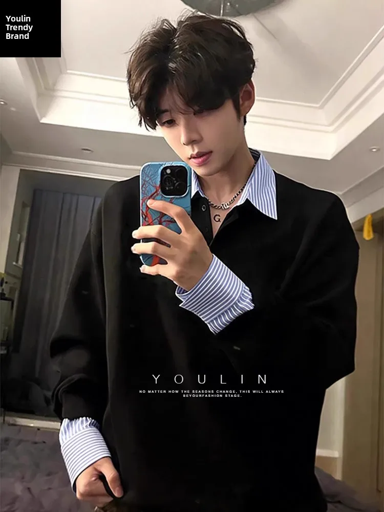 

American Style Faux Two-Piece Hoodie Men's Winter Thick Long Sleeve T-Shirt Korean Style Inner Shirt Breathable Lightweight S...