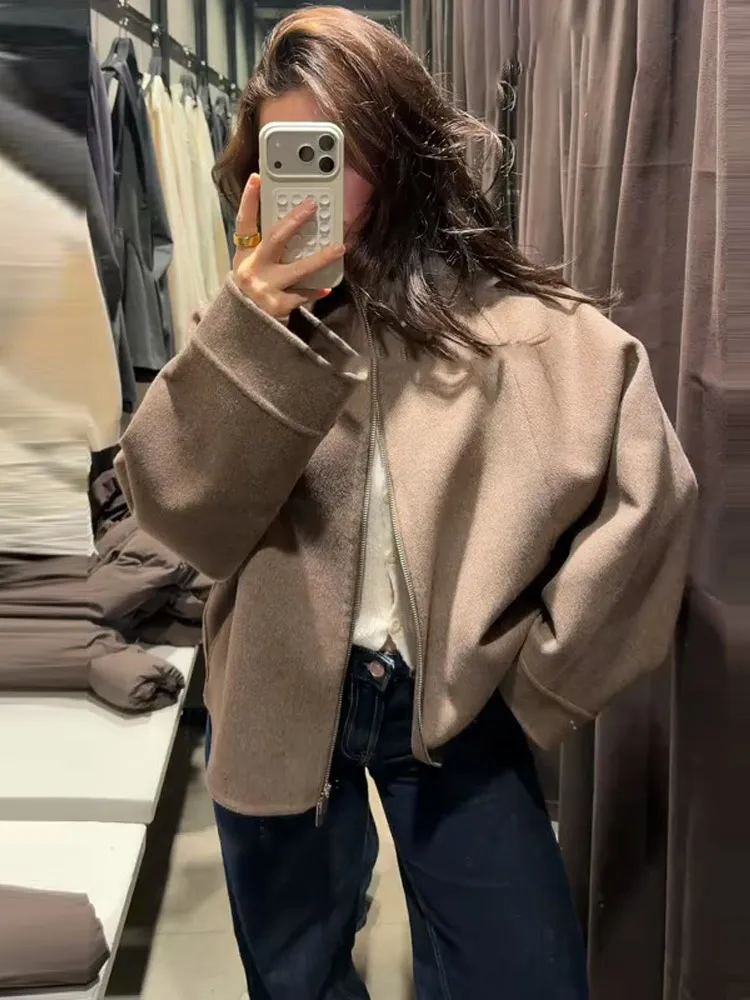 Abrigos largos de lana con solapa roja de gran tamaño, abrigo holgado con bolsillo recto a la moda, chaqueta de calle para ir al trabajo para mujer, prendas de vestir exteriores