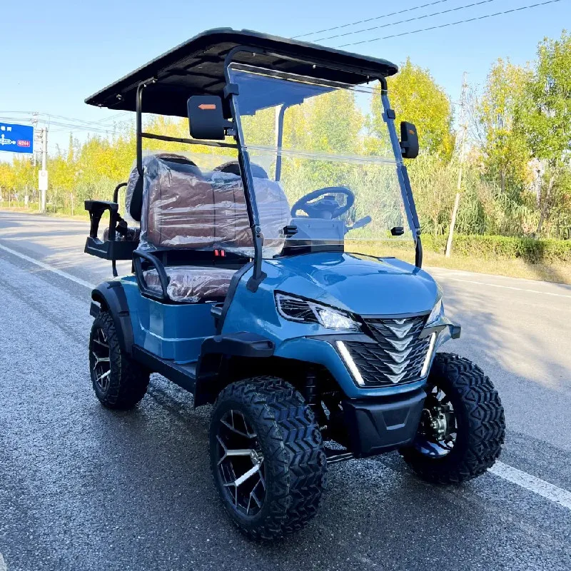 Caddie de golf tout-terrain personnalisé avec support de sac de golf, 4 roues, frein à disque, écran de 14 pouces, châssis haut, voiture de club 4 places