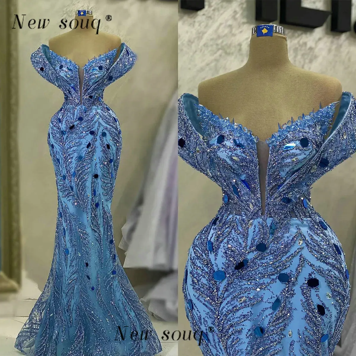

Arabic Plus Size Blue Mermaid Evening Dresses Glittering Crystals Off the Shoulder Women Wedding Guest Party Wear Gowns 2023