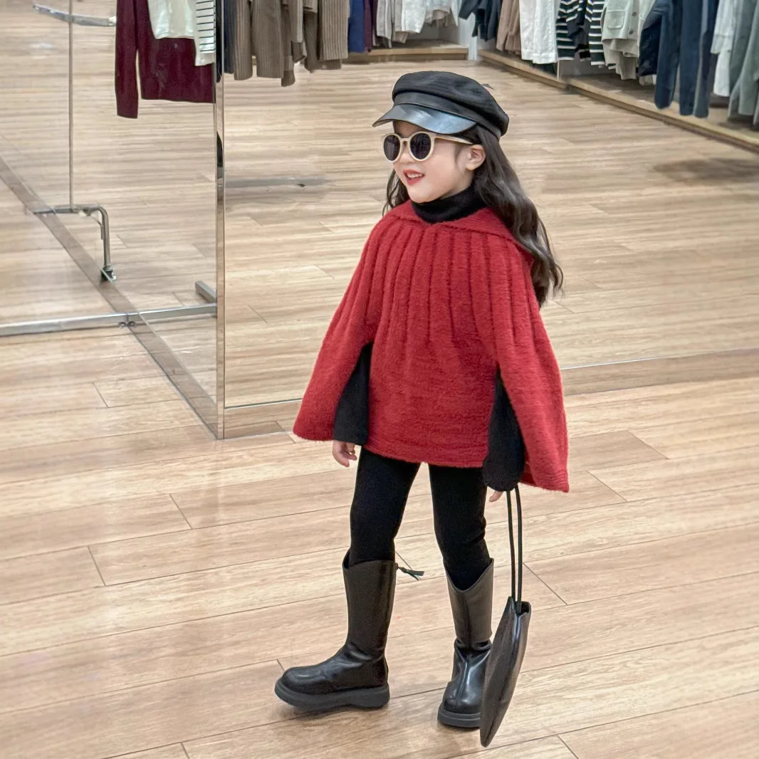 

Girls Suit 2024 Autumn New Childrens Clothes Girls Baby Imitation Mink Velvet Loose Wool Cloak Velvet Leggings Two-piece Set