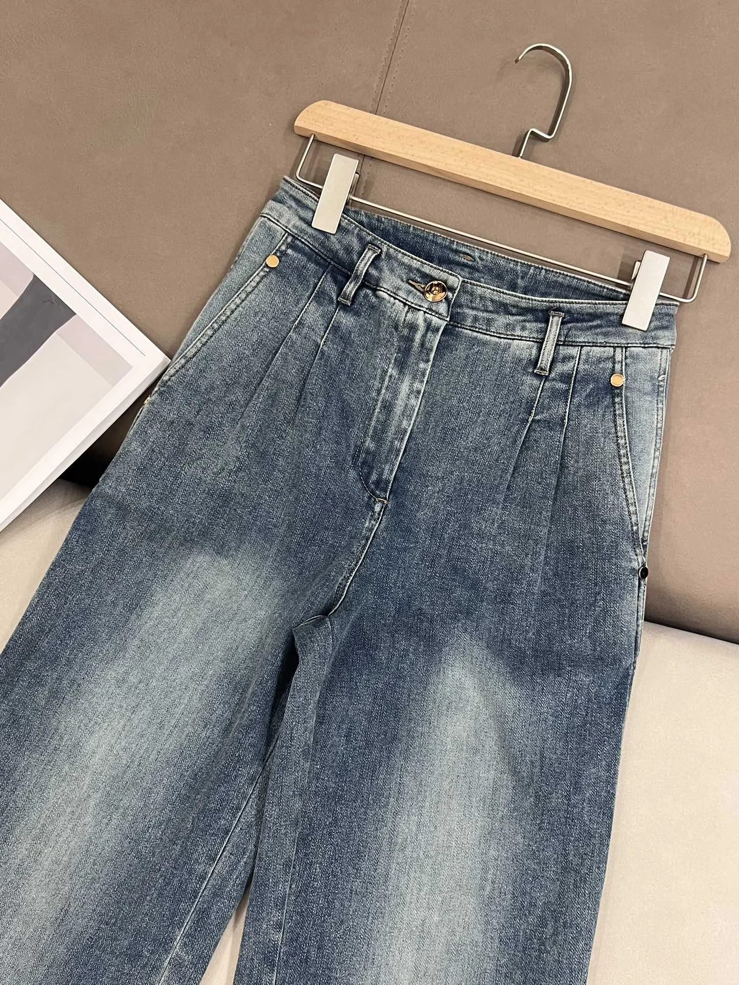 B * C celana Jeans wanita katun pinggang tinggi celana kaki lebar