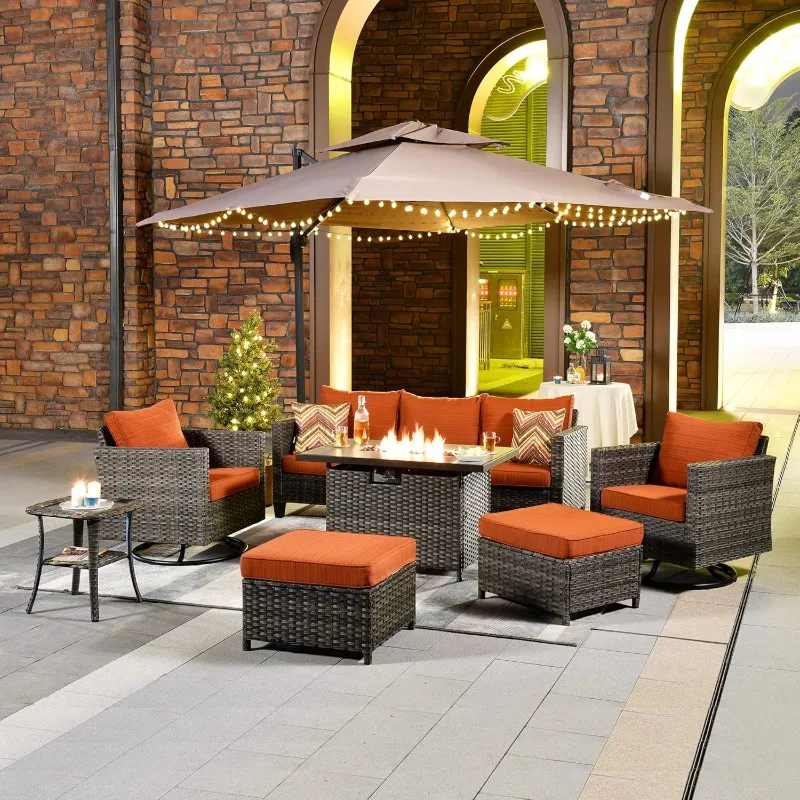 

7 Pieces Patio Furniture Set with Rectangular Fire Pit Table, Swivel Rocking Chairs,Outdoor High Back Wicker Rattan Conversation