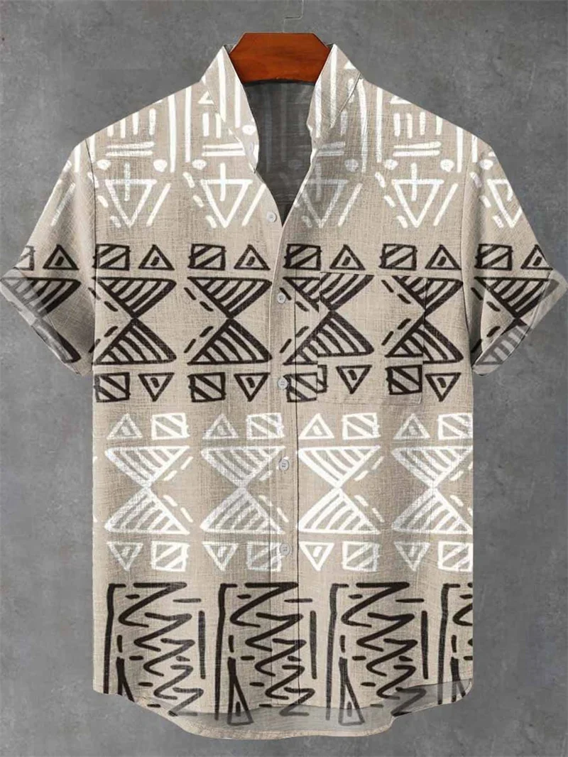 

Men's Linen 3D Printed Pattern Lapel Short-sleeved Button-button Pocket Shirt Ethnic Style Private Custom Shirt Slim Beach Top